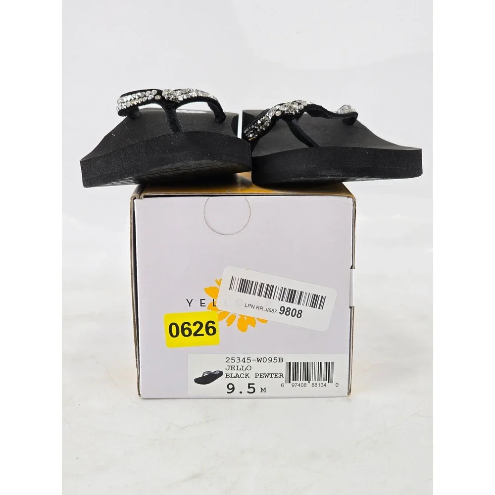 Yellow Box Jello Sandals Womens 9.5 Black Pewter Rhinestone Wedge - Excellent